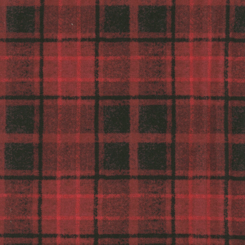 Red and black plaid pattern with intersecting lines creating a checkered design.