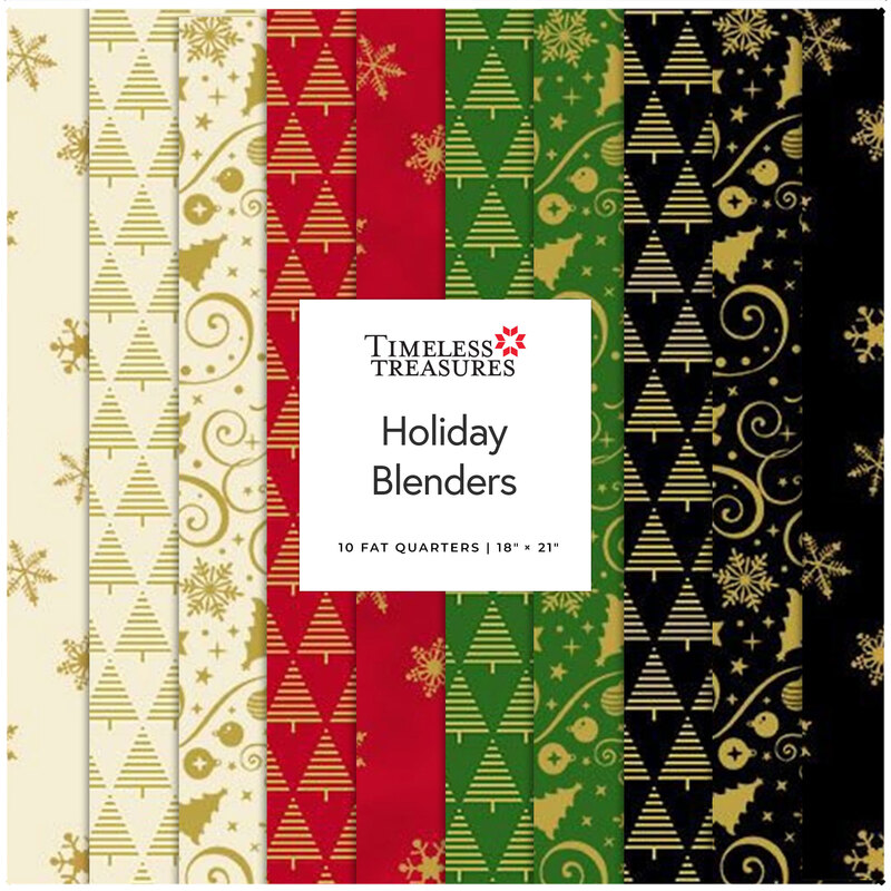 A collection of holiday-themed fabric swatches in green, red, black, gold, and cream patterns.