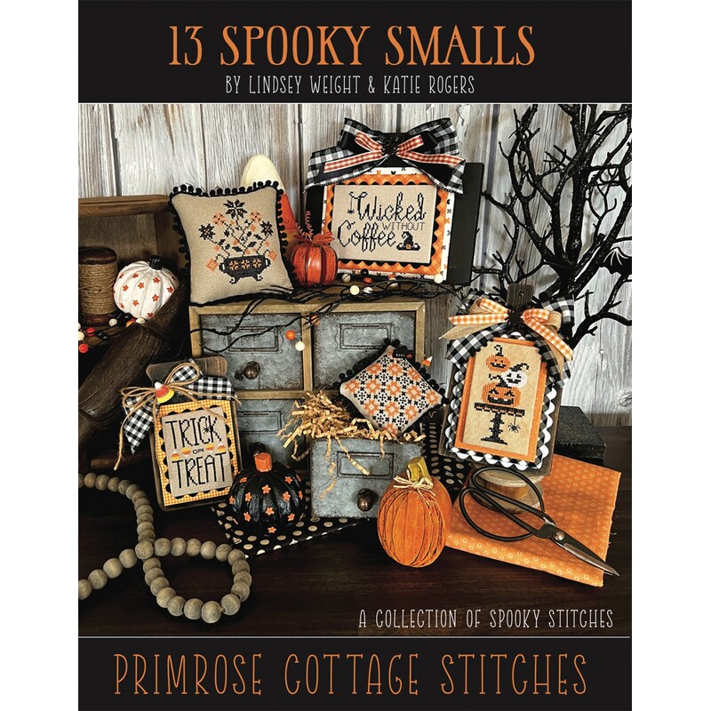 Front cover of the pattern showing 5 of the projects staged with coordinating Halloween decor.