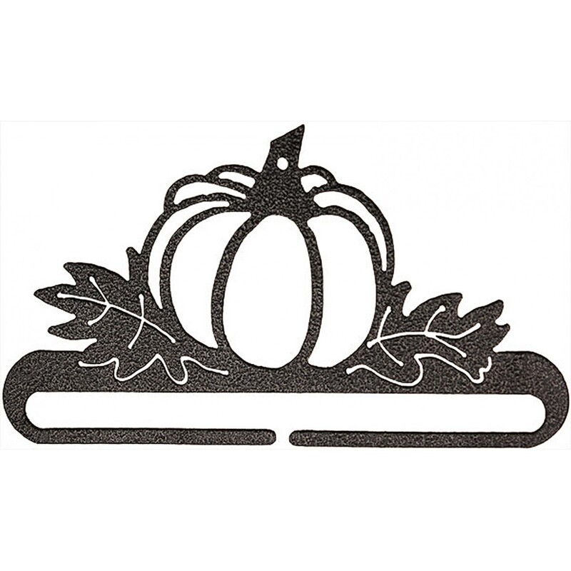 Black metal pumpkin craft holder with leaves, featuring a curved base for mounting or display.