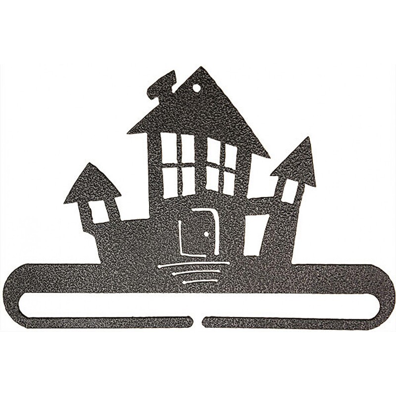 A black metal decorative wall hook shaped like a whimsical house with multiple roofs and windows.