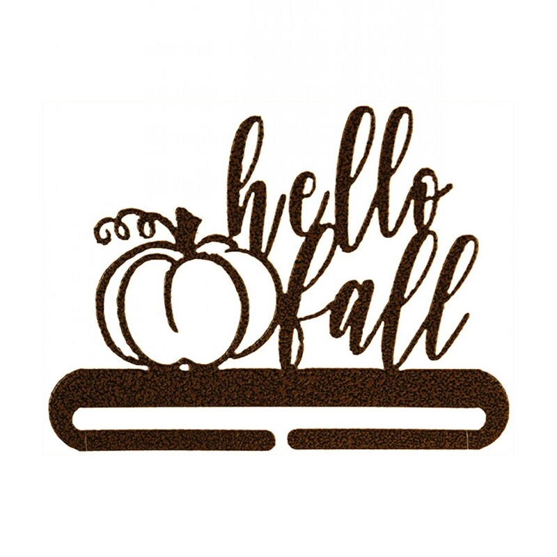 Decorative metal wall hanging with black lettering that reads Hello Fall with a pumpkin illustration.