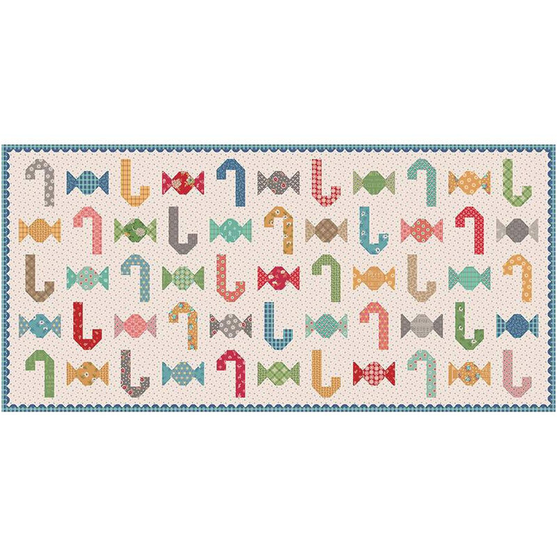 Colorful pattern of wrapped candy and candy canes on a light background with a decorative border.