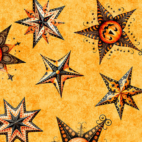 A pattern of decorative stars in black, orange, and cream against a yellow background.