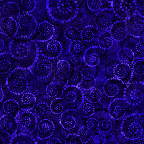 Blue purple fabric with a tonal dotted swirl pattern.