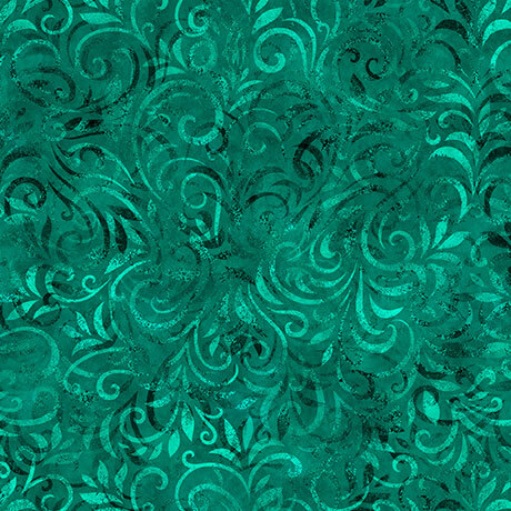 Dark teal fabric with a tonal swirling vine pattern.