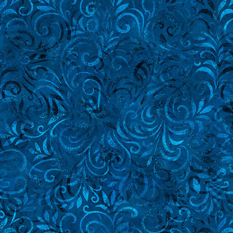 Dusty blue fabric with a swirling tonal vine pattern.