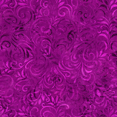 Magenta purple fabric with a tonal swirling vine pattern.