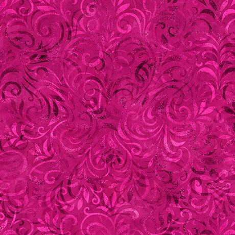 Bright magenta fabric with a tonal swirling vine pattern.