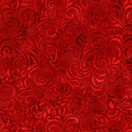 True red fabric with a tonal swirling vine pattern.