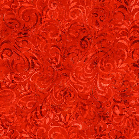 Orange red fabric with a tonal swirling vine pattern.