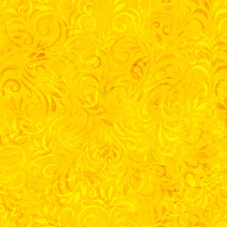 Sunshine yellow fabric with a tonal swirling vine pattern.