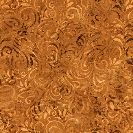 Tonal caramel brown fabric with swirling vine pattern.