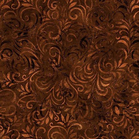 Tonal coffee brown fabric with a swirling vine pattern.