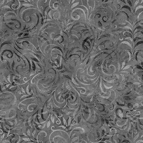 Tonal gray fabric with a swirling vine pattern.