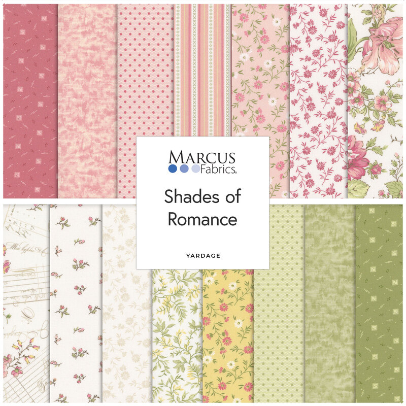 A collage of fabrics in pastel colors with floral patterns labeled Shades of Romance.