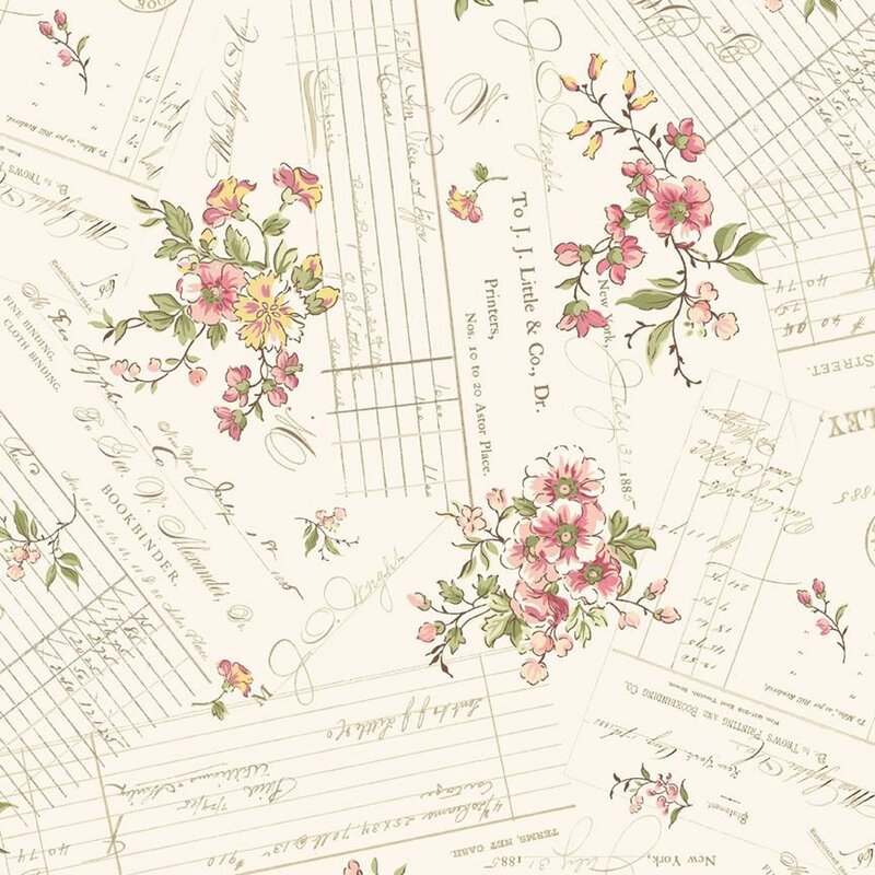 Floral pattern featuring pink flowers and vintage text on a light background.