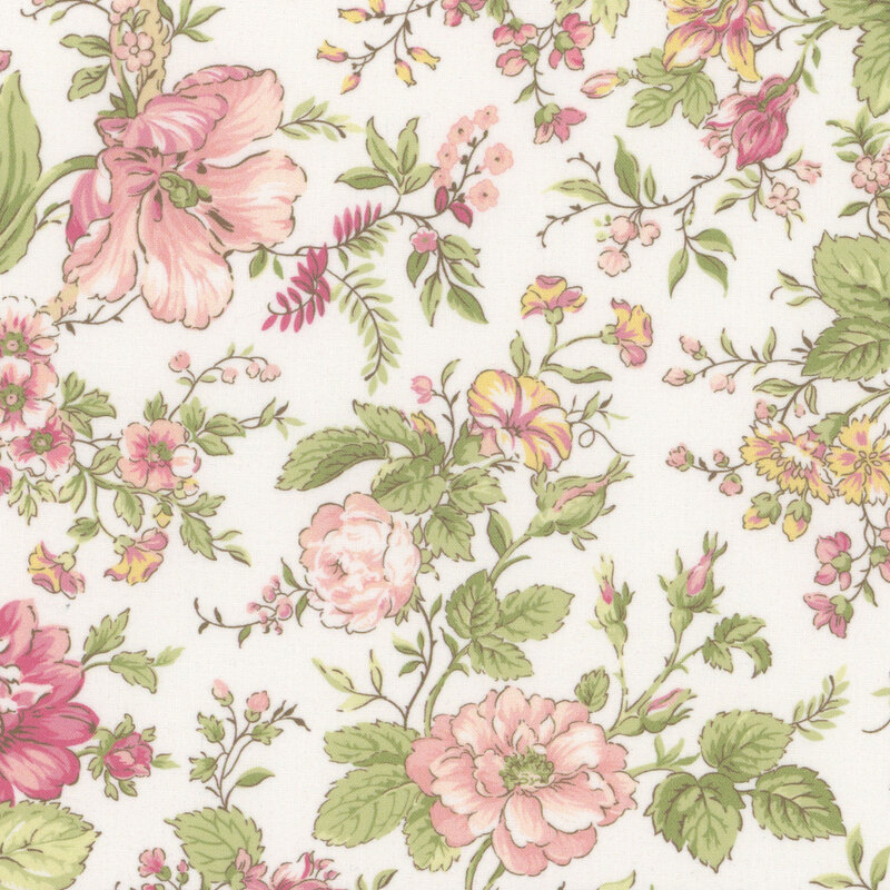 Off white fabric with a pattern of large and medium florals and leaves in blush, medium pink, yellow and green.