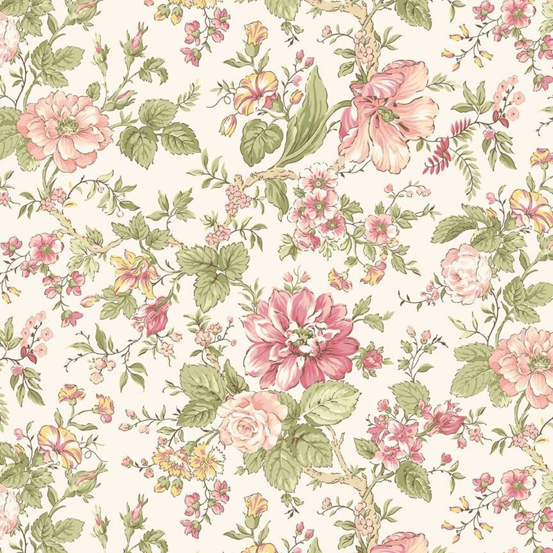 Floral pattern featuring various pink flowers and green leaves on a light cream background.