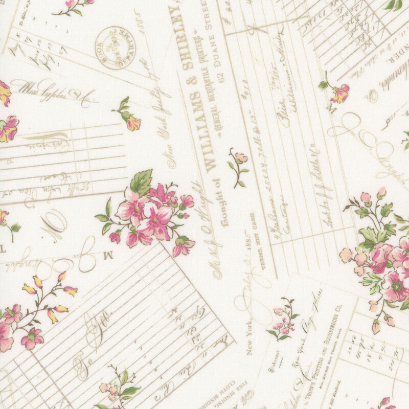 An off white fabric with pink floral clusters and tonal beige handwritten notes.