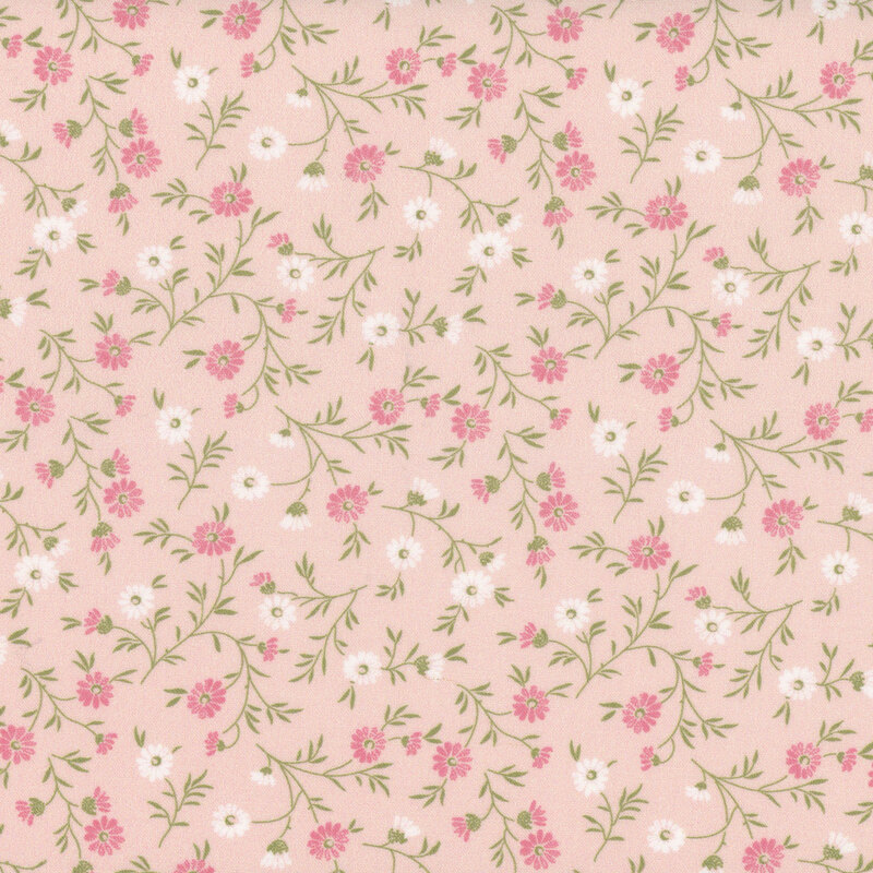 Light blush pink fabric with white and medium pink florals and green vines.