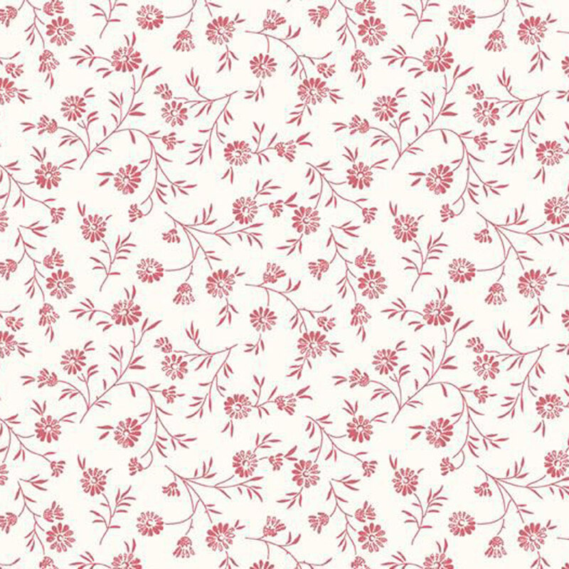 Floral pattern featuring small red flowers and leaves on a light cream background.