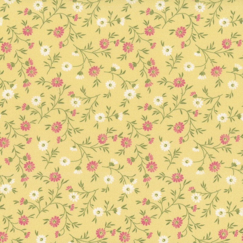 Sunshine yellow fabric swatch with tossed pink and white flowers with green leaves.