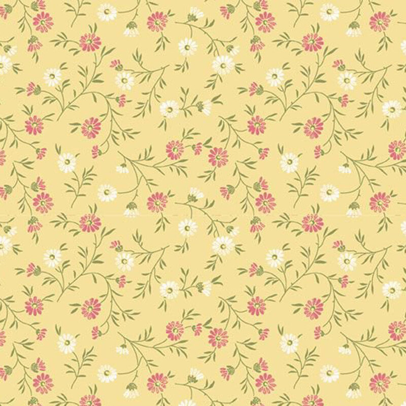 Yellow floral pattern featuring white and pink flowers with green leaves.