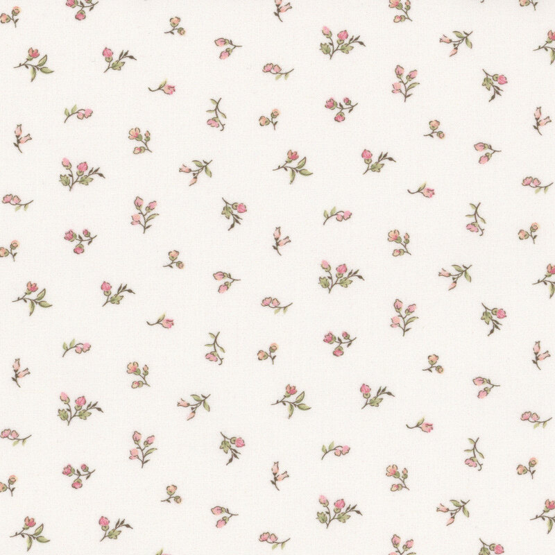 Off white fabric swatch with tossed small pink florals and buds.