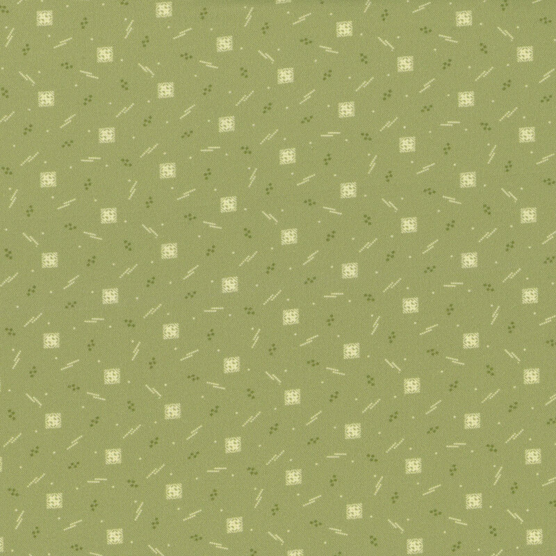 Medium green fabric swatch with small white geometric shapes and lines.