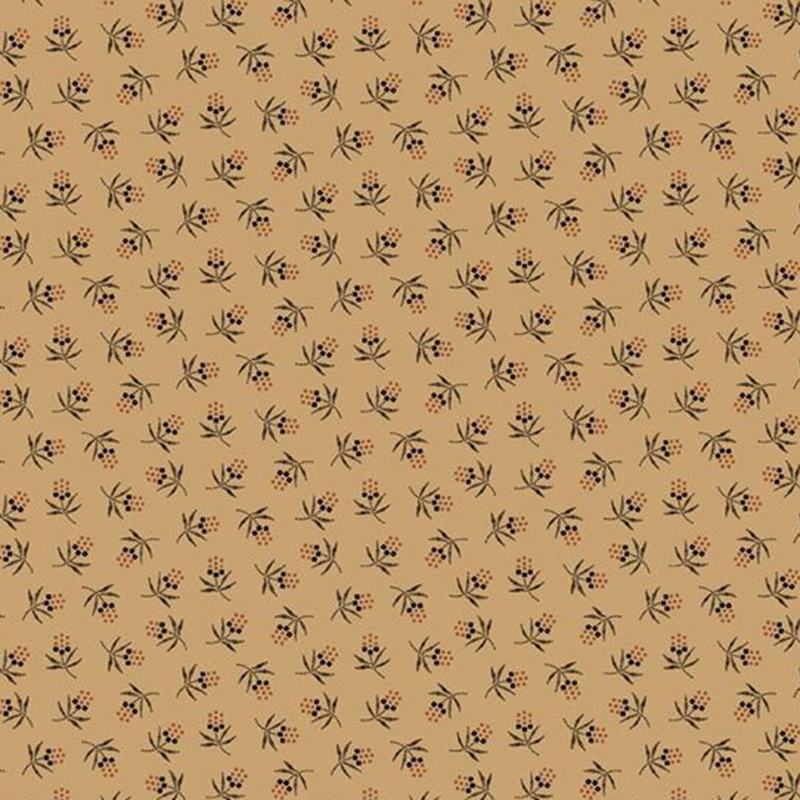 Rich beige fabric with small dotted orange florals and long brown leaves.