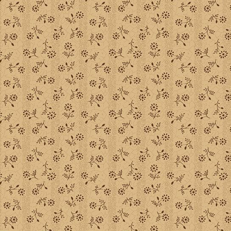 Rich tan fabric featuring subtle tonal striping, overlayed by tossed espresso brown florals.