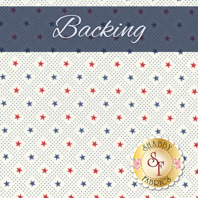 A swatch of cream fabric with a lattice pattern of blue dots with scattered red and blue stars between. A faded navy banner at the top reads 