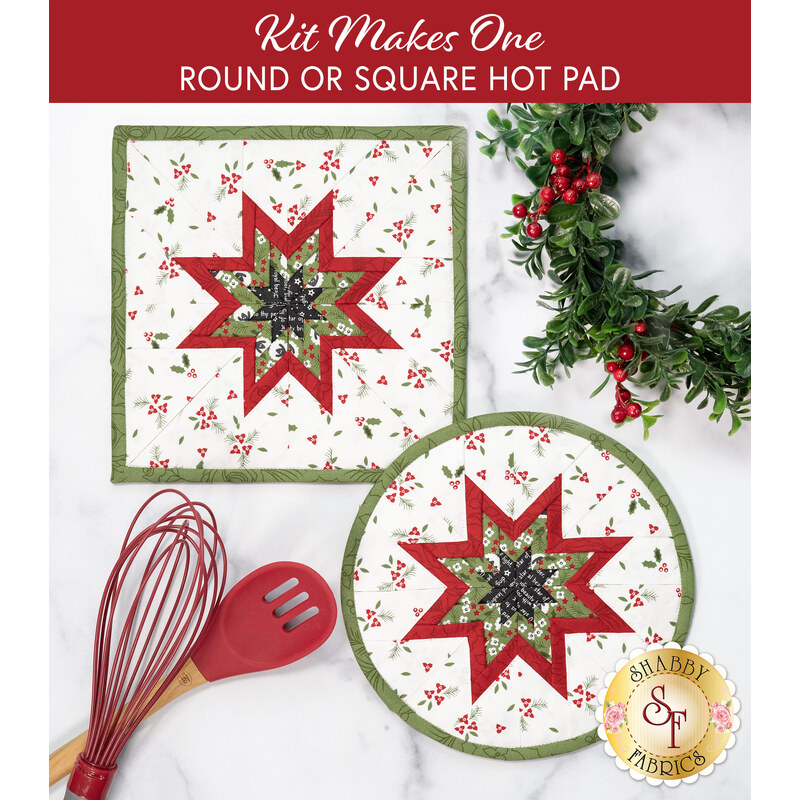 Two completed versions of the white Folded Star Hot Pads, staged on a white marble countertop with coordinating decor like garlands and baking utensils.