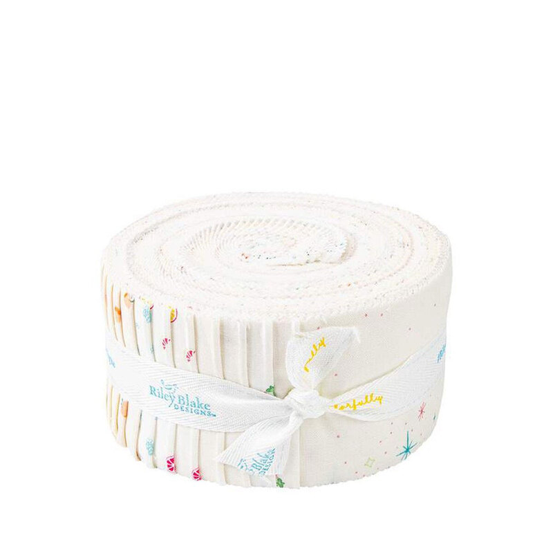 Rolled fabric of mostly off white fabric with colorful patterns, tied with a white ribbon.