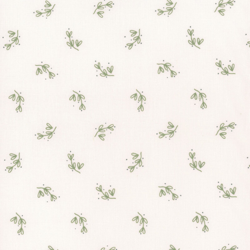 White background with a repeating pattern of small, green leaf branches.