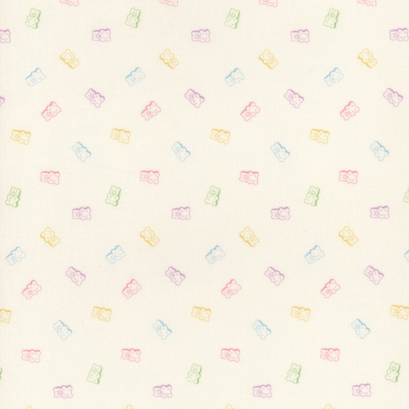 Pattern of small, pastel-colored gummy bear shapes on a cream background.