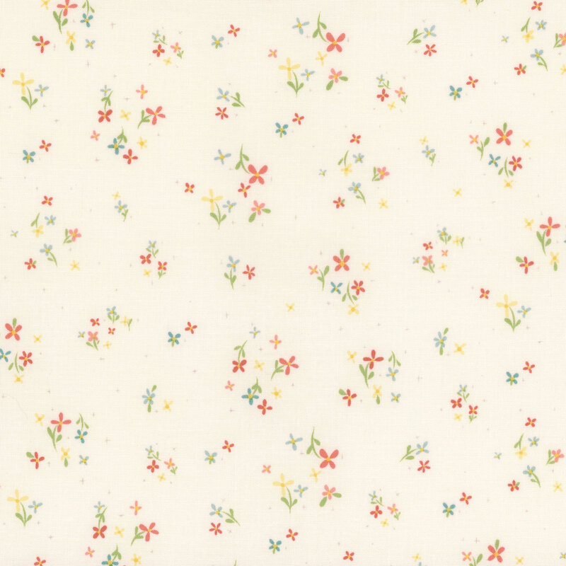 A cream background with a scattered pattern of small, colorful flowers and leaves.