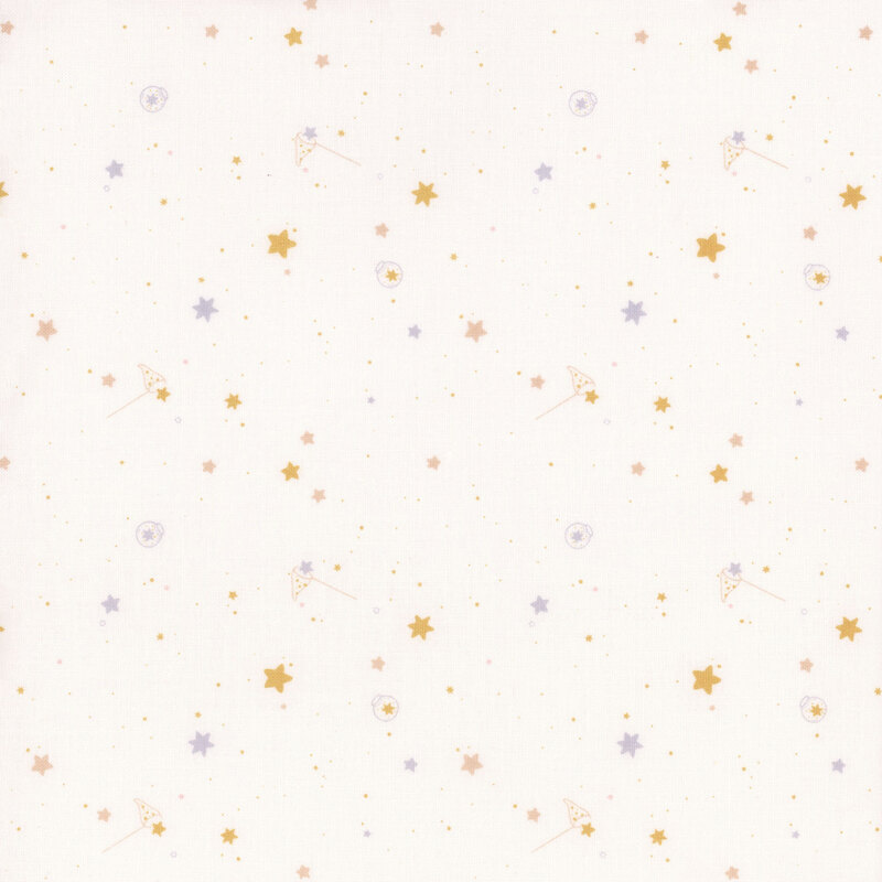 A whimsical pattern of stars, moons, and sparkles in gold and soft pastels on a white background.