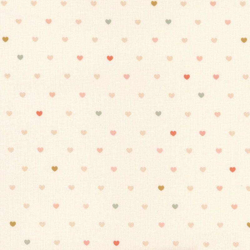 Pattern of small hearts in various pastel colors on a cream background.