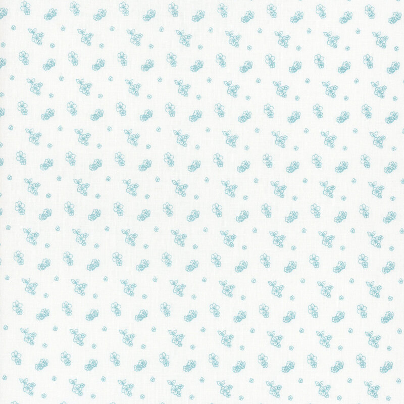 White background with a small, repetitive pattern of blue floral designs.