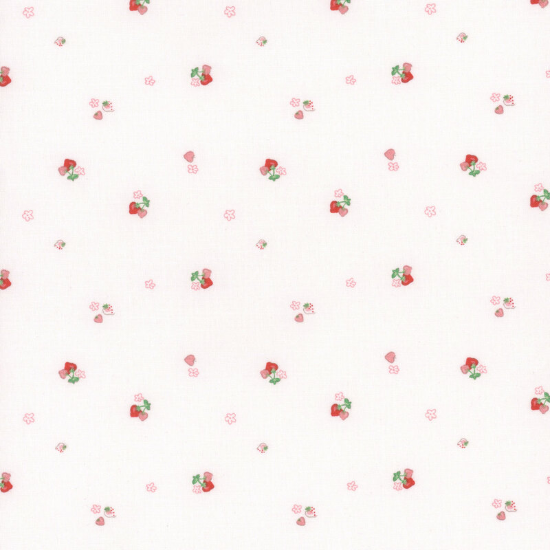 Repeating pattern of small red strawberries, green leaves, and pink hearts on a white background.