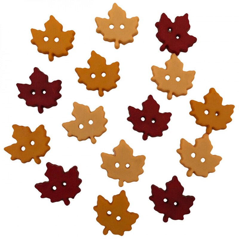 15 red, gold, and yellow maple leaf buttons, isolated on a white background.