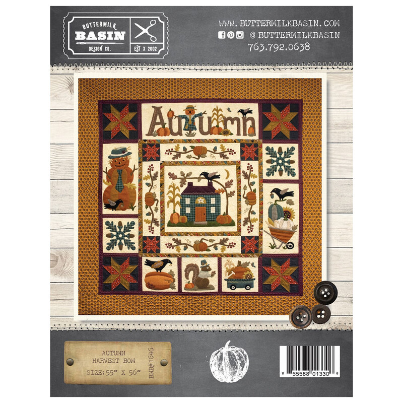 The front of the Autumn Harvest BOM pattern, showing the finished BOM quilt displayed on a wood paneled wall.