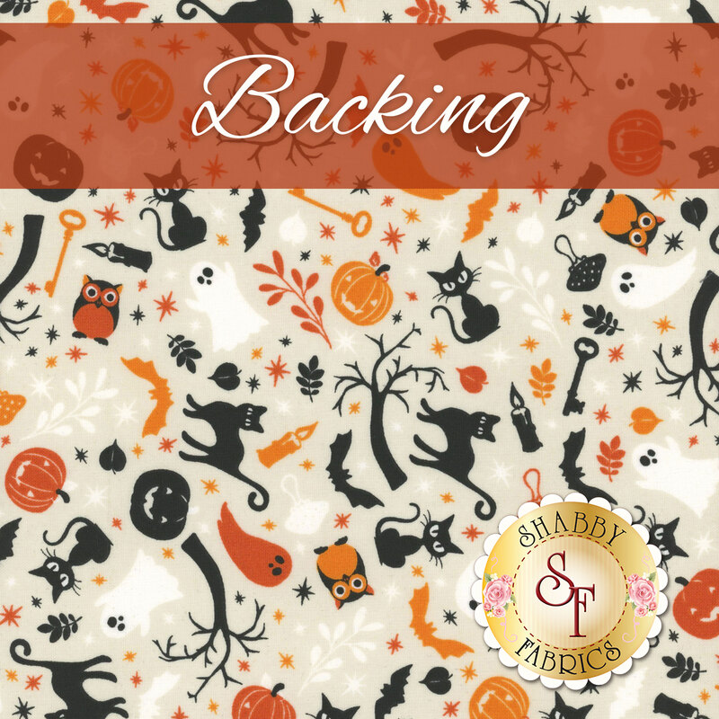 Swatch of cream fabric with a tossed pattern of various Halloween motifs, like black cats, candles, orange pumpkins, ghosts, and trees. A dark orange banner at the top reads 