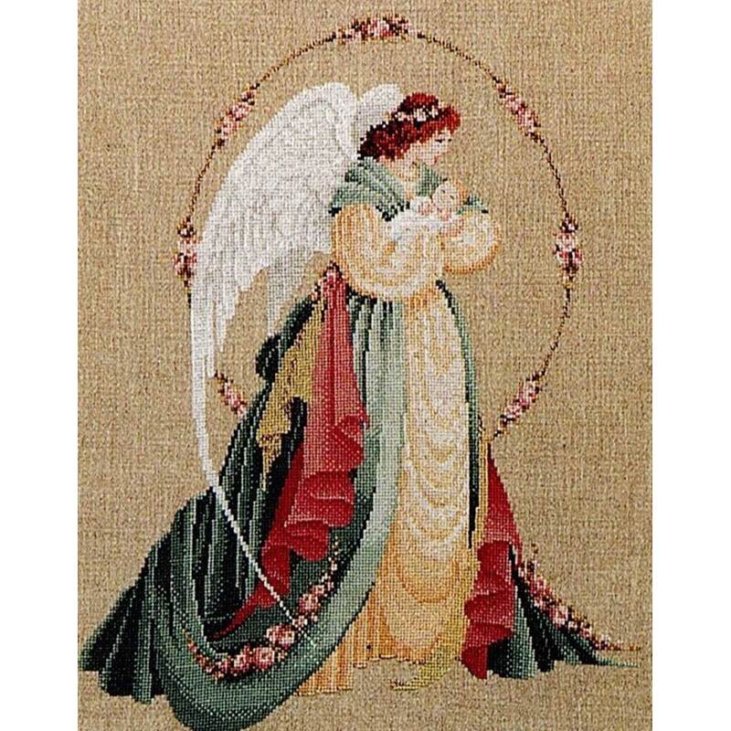 A graceful angel in a flowing gown holds a small figure, framed by an ornate halo and flowers.