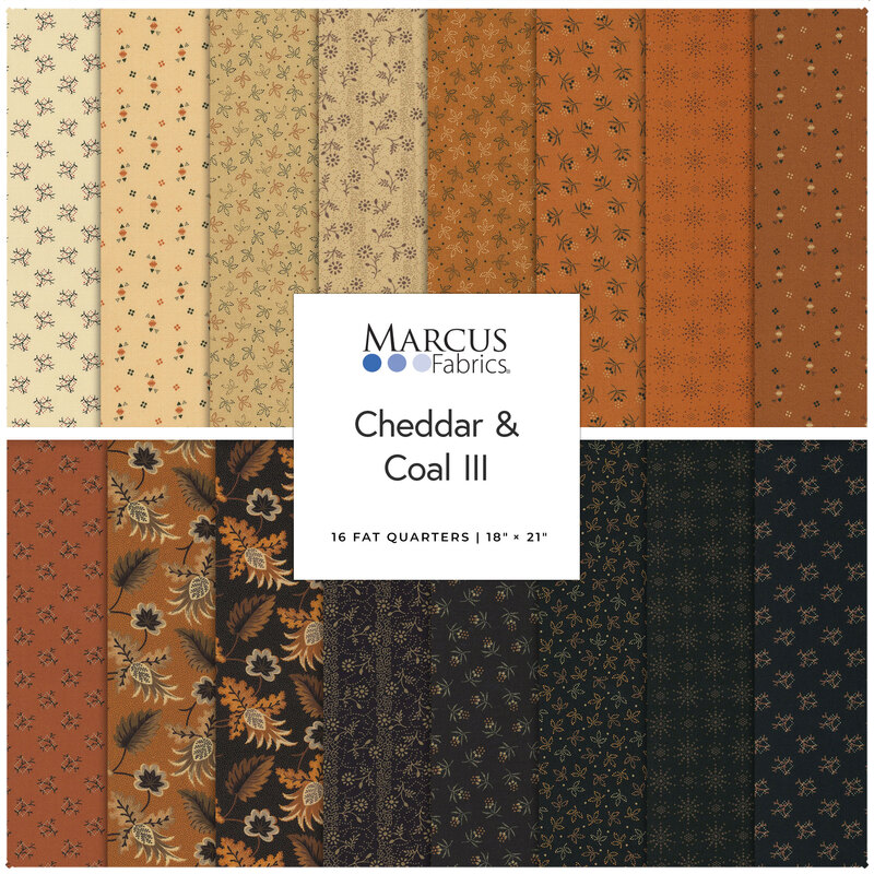 Collage of the fabrics included in the Cheddar & Coal III FQ set.