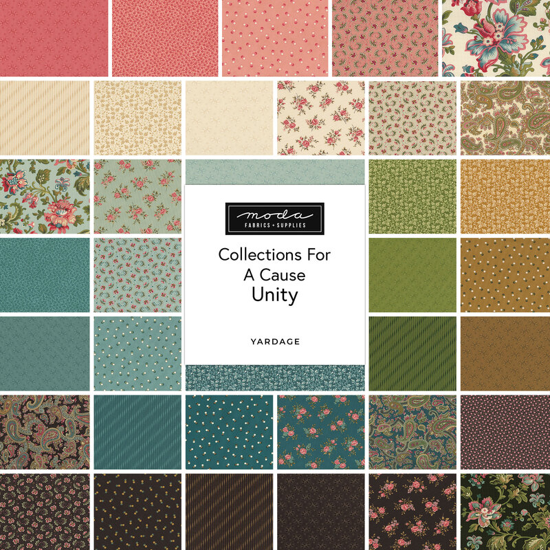 A grid of various fabric patterns in different colors and designs, featuring a central label that reads Collection for a Cause Unity by Howard Marcus. The patterns include floral, polka dot, and striped designs in shades of pink, green, blue, and brown.