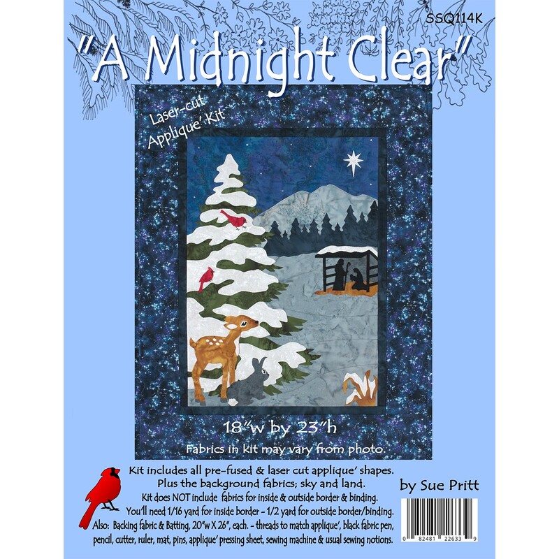 Mightnight Clear quilt pattern cover with winter scene and deer, by Sue Pritt