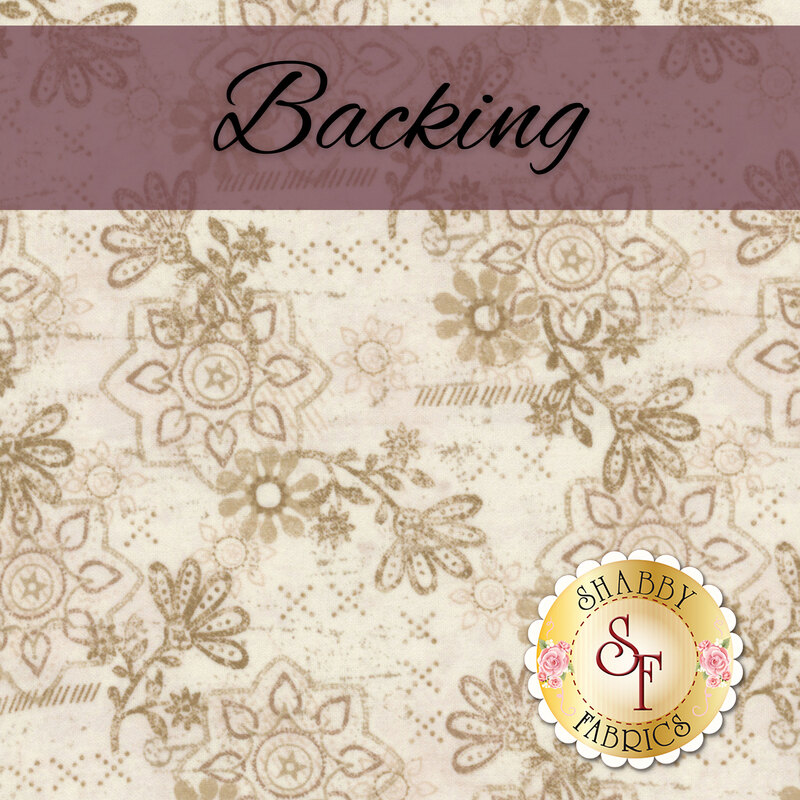 Cream fabric with floral patterns and the word Backing in a decorative font at the top.